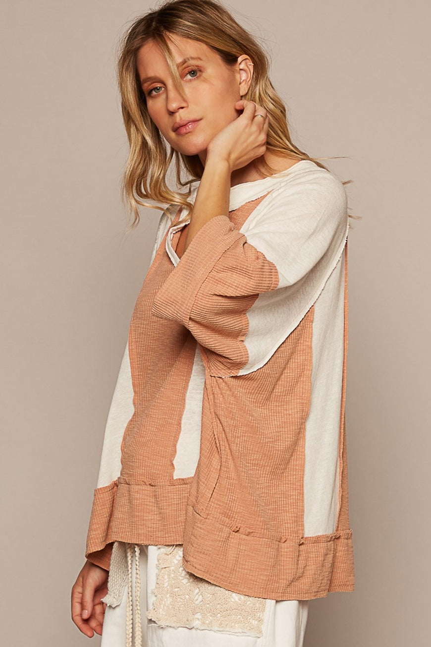 POL Notched Frayed Edge Contrast Top - TopFashionHQ