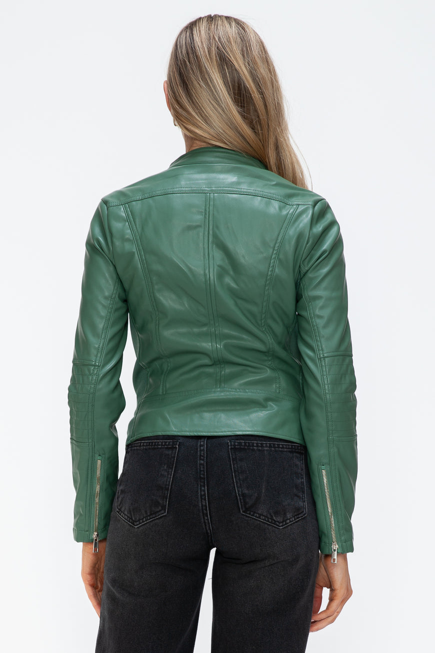 Snobbish Faux Leather Zip Up Drawstring Hooded Jacket - TopFashionHQ