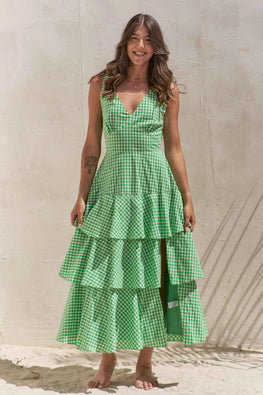 Jade By Jane Sleeveless Gingham Print Tiered Midi Dress