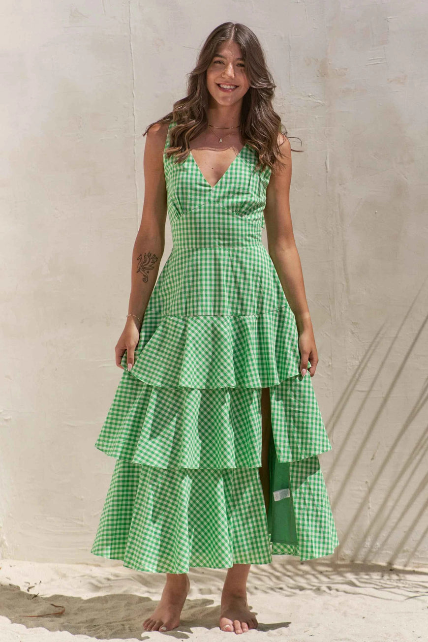 Jade By Jane Sleeveless Gingham Print Tiered Midi Dress
