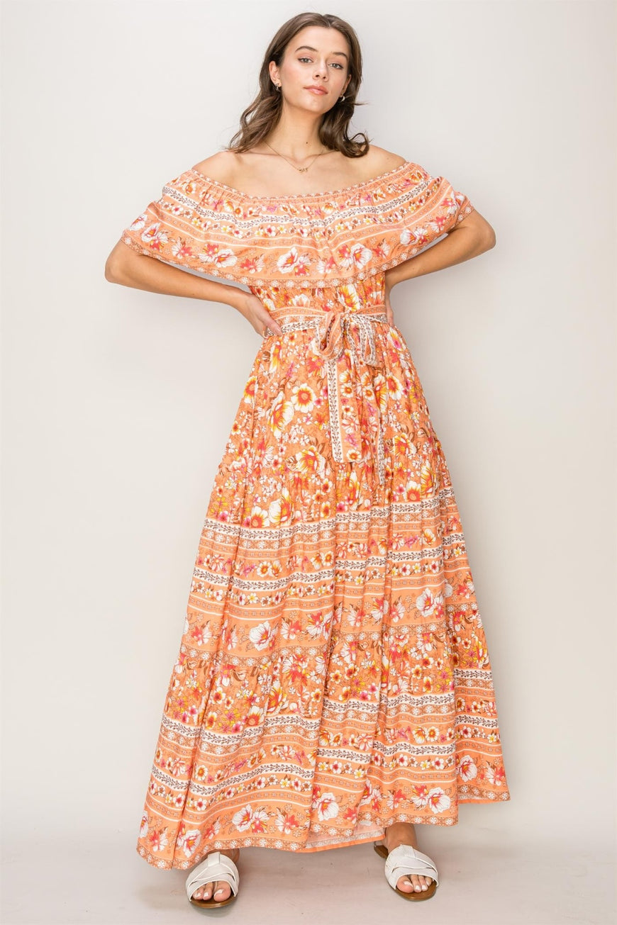 HYFVE Floral Off-Shoulder Tie Front Maxi Dress - TopFashionHQ