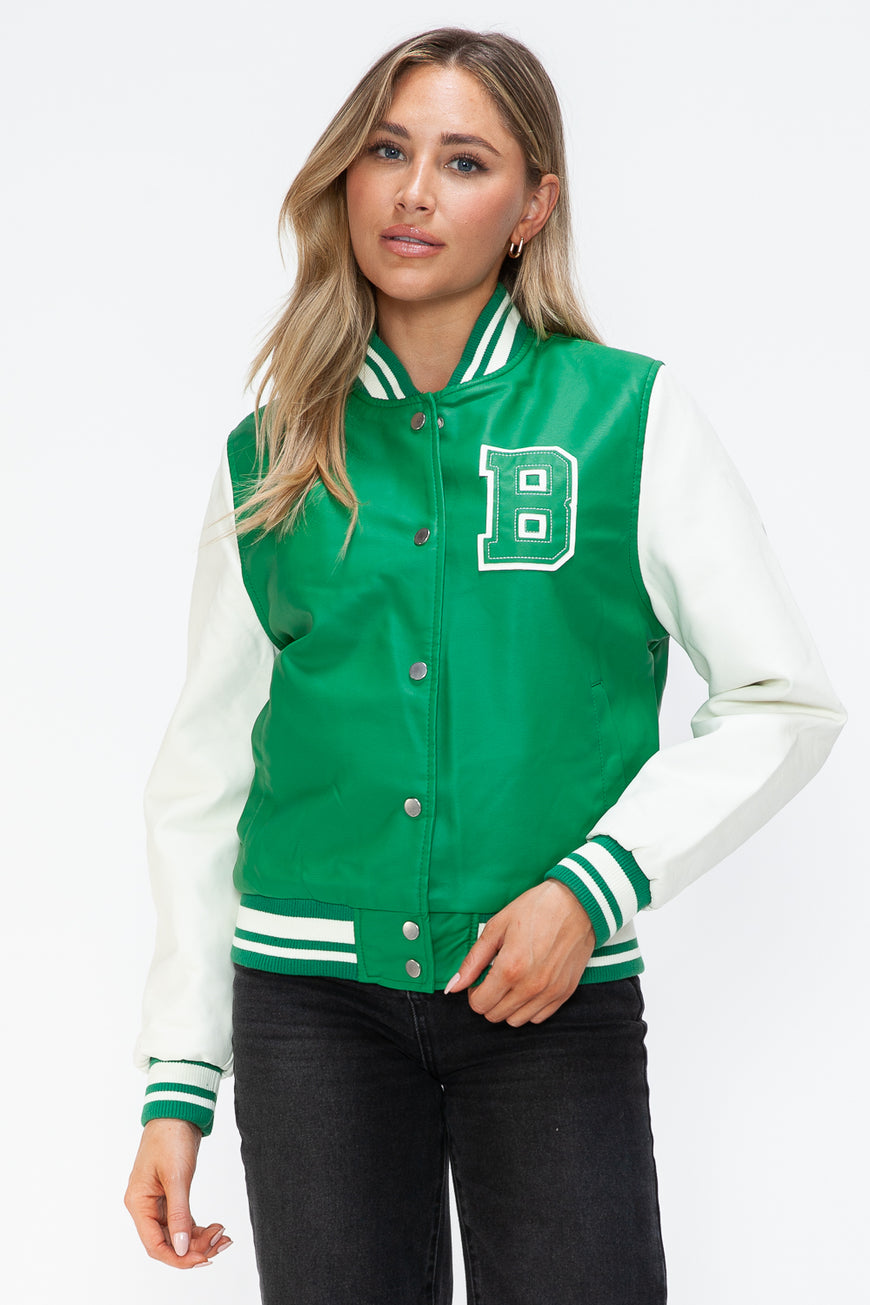Love Me Now PU Leather Contrast Snap Down Bomber Jacket - TopFashionHQ