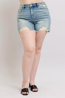Judy Blue Plus Size High Rise Washed Fly Stitch Detail and Destroy Denim Shorts