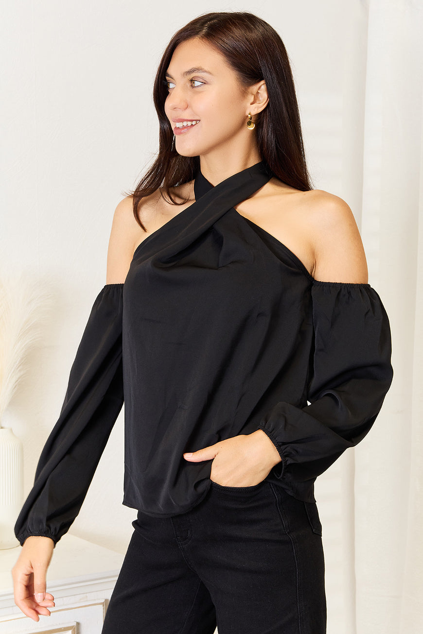 Double Take Grecian Cold Shoulder Long Sleeve Blouse - TopFashionHQ