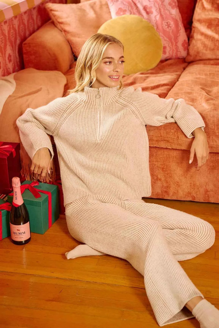 BiBi Two Tone Rib Texured Knit Collared Top with Zip Up