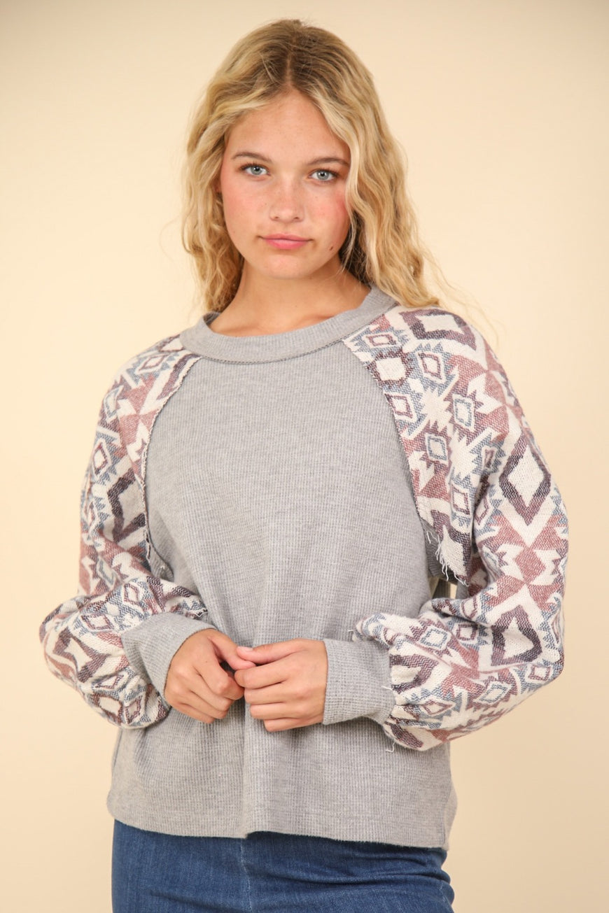 VERY J Printed Long Sleeve Round Neck Knit Top - TopFashionHQ