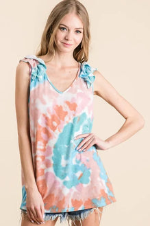 BiBi Circular Tie Dye Knit V Neck Top With Ruffle