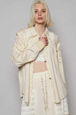 POL Lace Patchwork Button Up Shacket