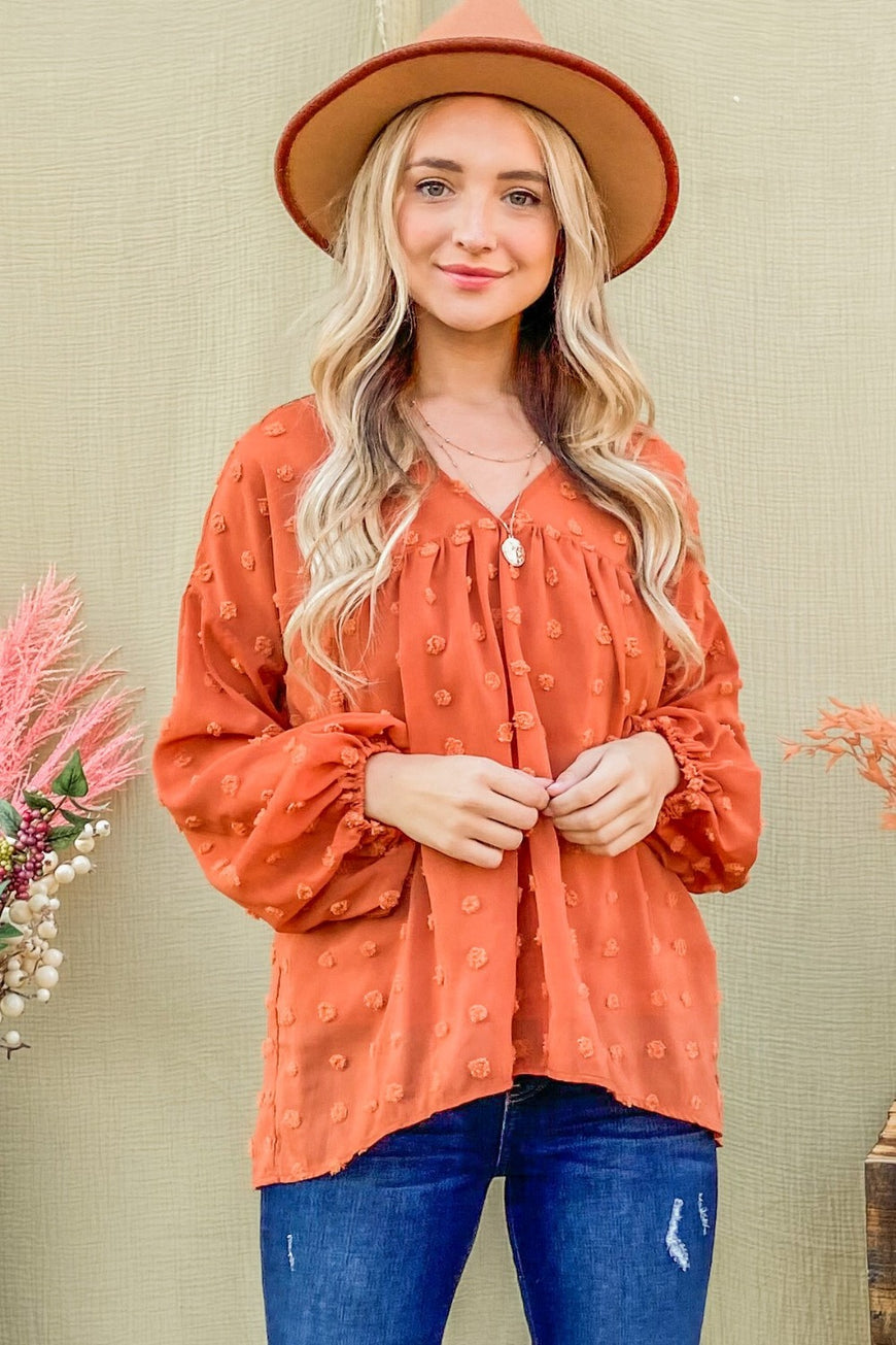 And The Why Swiss Dot V Neck Balloon Sleeve Woven Blouse - TopFashionHQ