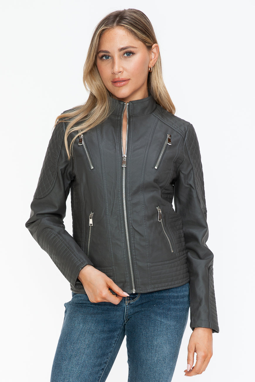Snobbish Faux Leather Zip Up Mock Neck Jacket - TopFashionHQ