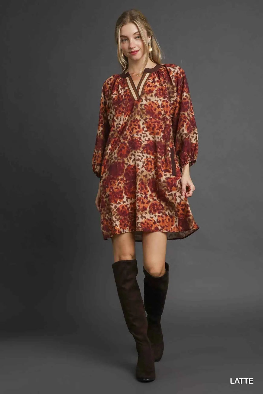 Umgee Animal Print Boho Tunic Dress with Contrast Trim Detail