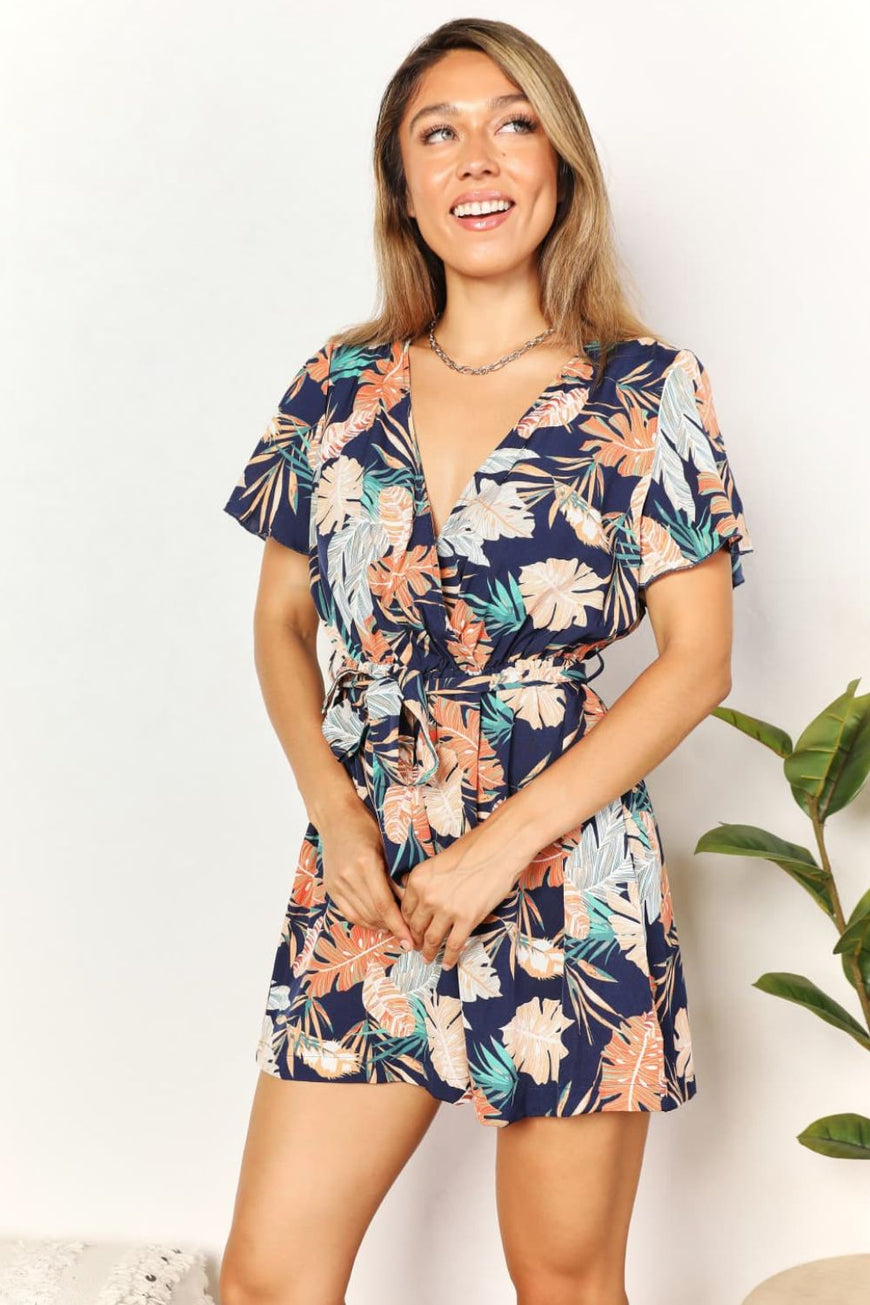 Double Take Botanical Print Surplice Neck Tie Waist Romper - TopFashionHQ