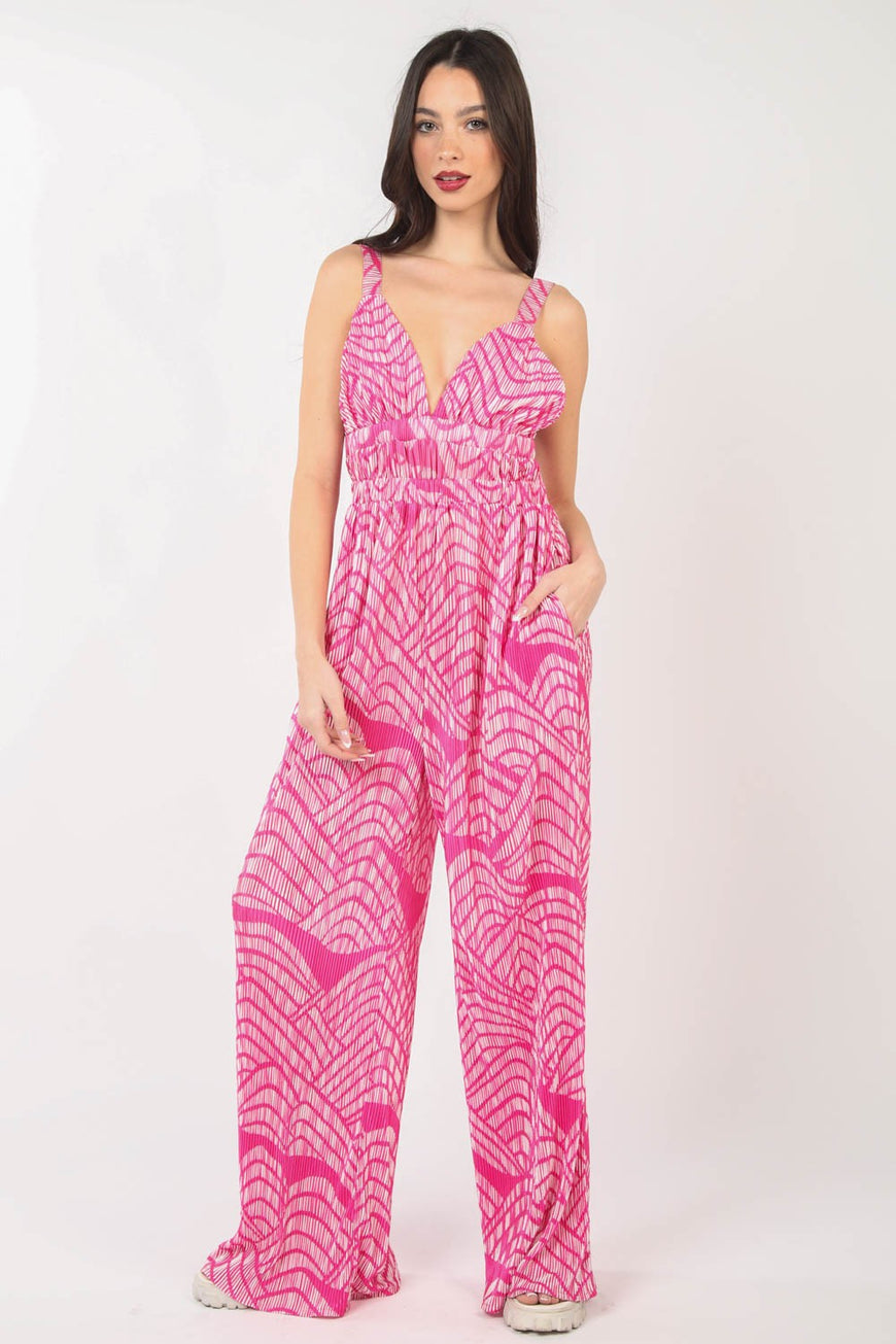 VERY J Printed Pleated Sleeveless Wide Leg Jumpsuit - TopFashionHQ