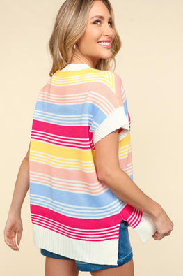 Haptics Striped Side Slit Short Sleeve Knit Top - TopFashionHQ