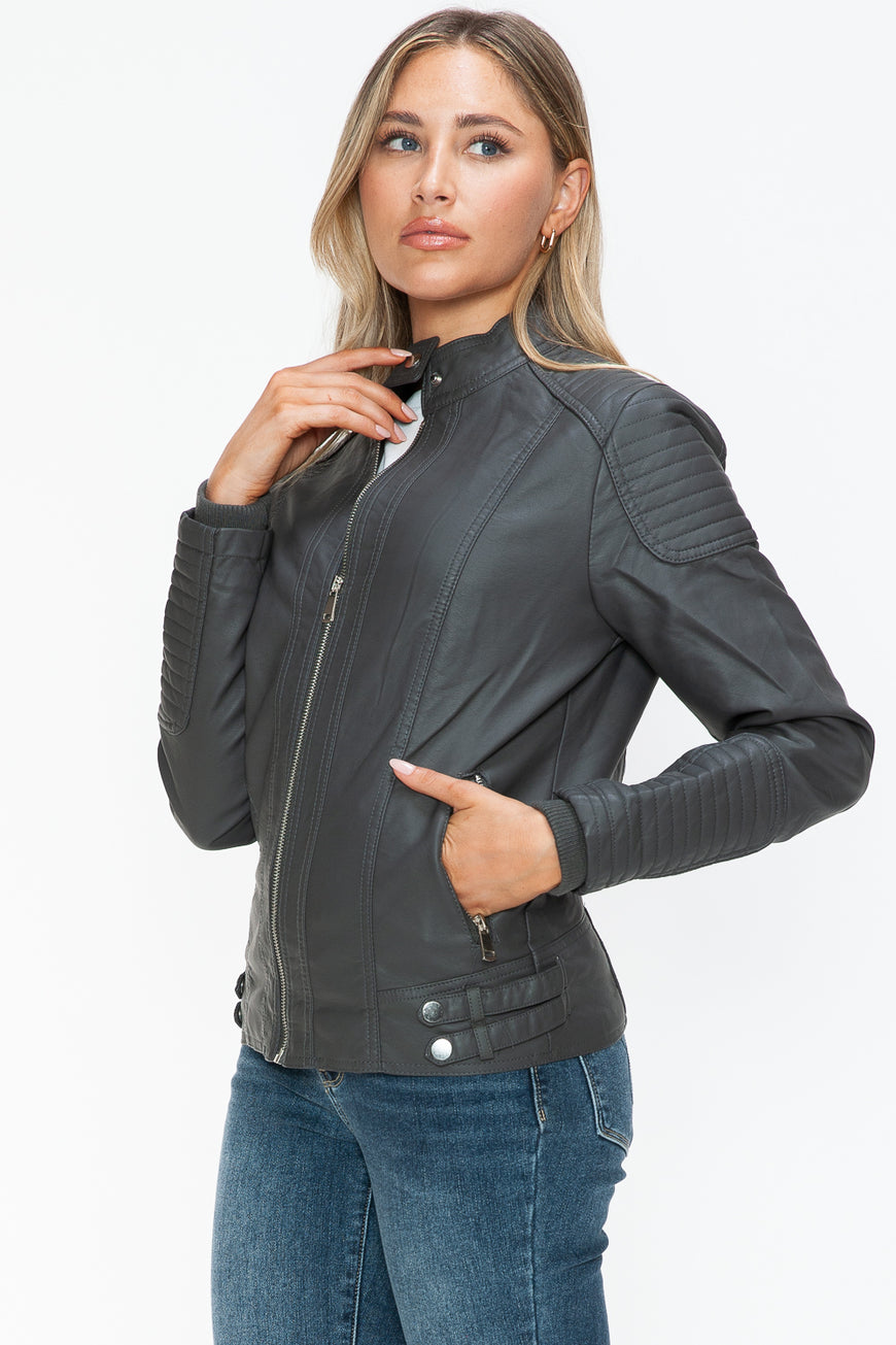 Snobbish Faux Leather Biker Jacket with Side Zip Pockets - TopFashionHQ