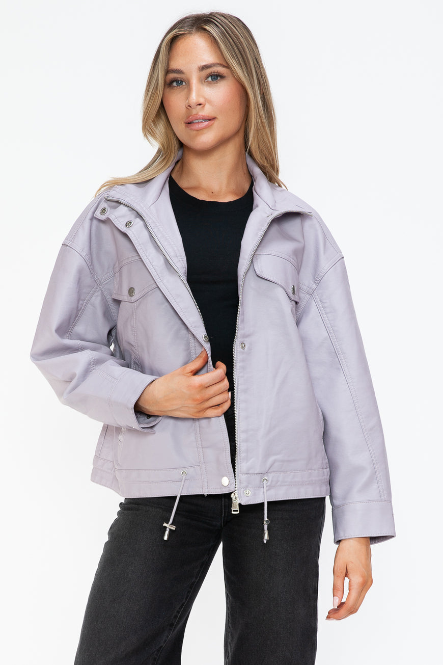 How Dare U Drawstring Hem PU Leather Zip Up Jacket - TopFashionHQ