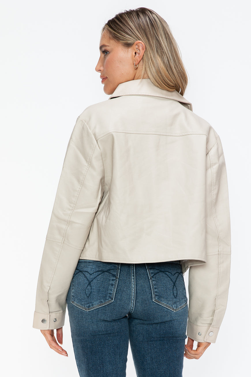 Snobbish Snap Down Long Sleeve PU Leather Jacket - TopFashionHQ