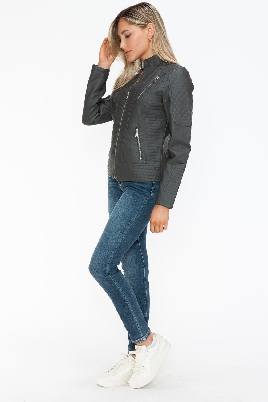 Snobbish Faux Leather Zip Up Mock Neck Jacket - TopFashionHQ