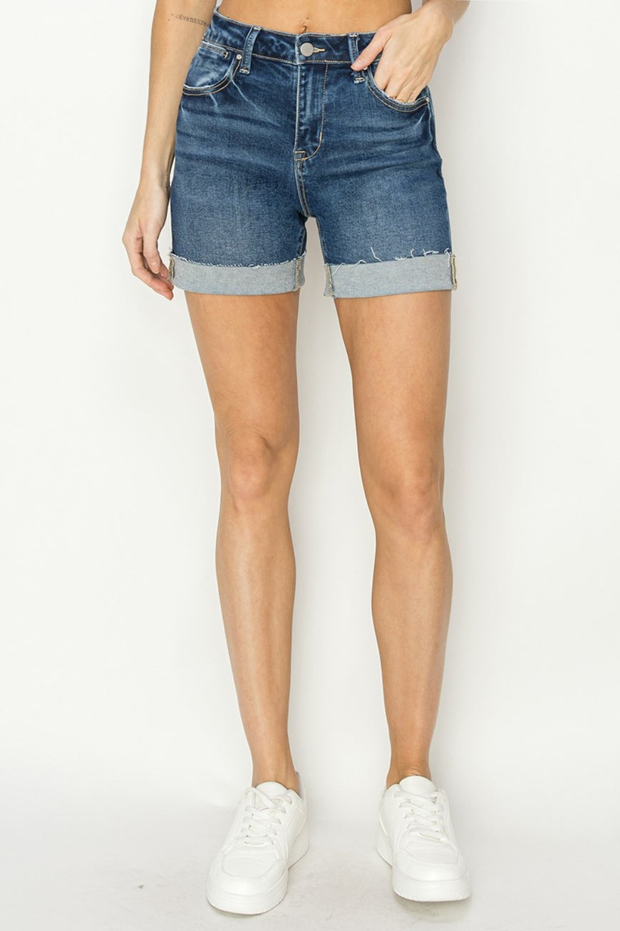 RISEN High Rise Cuffed Denim Shorts - TopFashionHQ