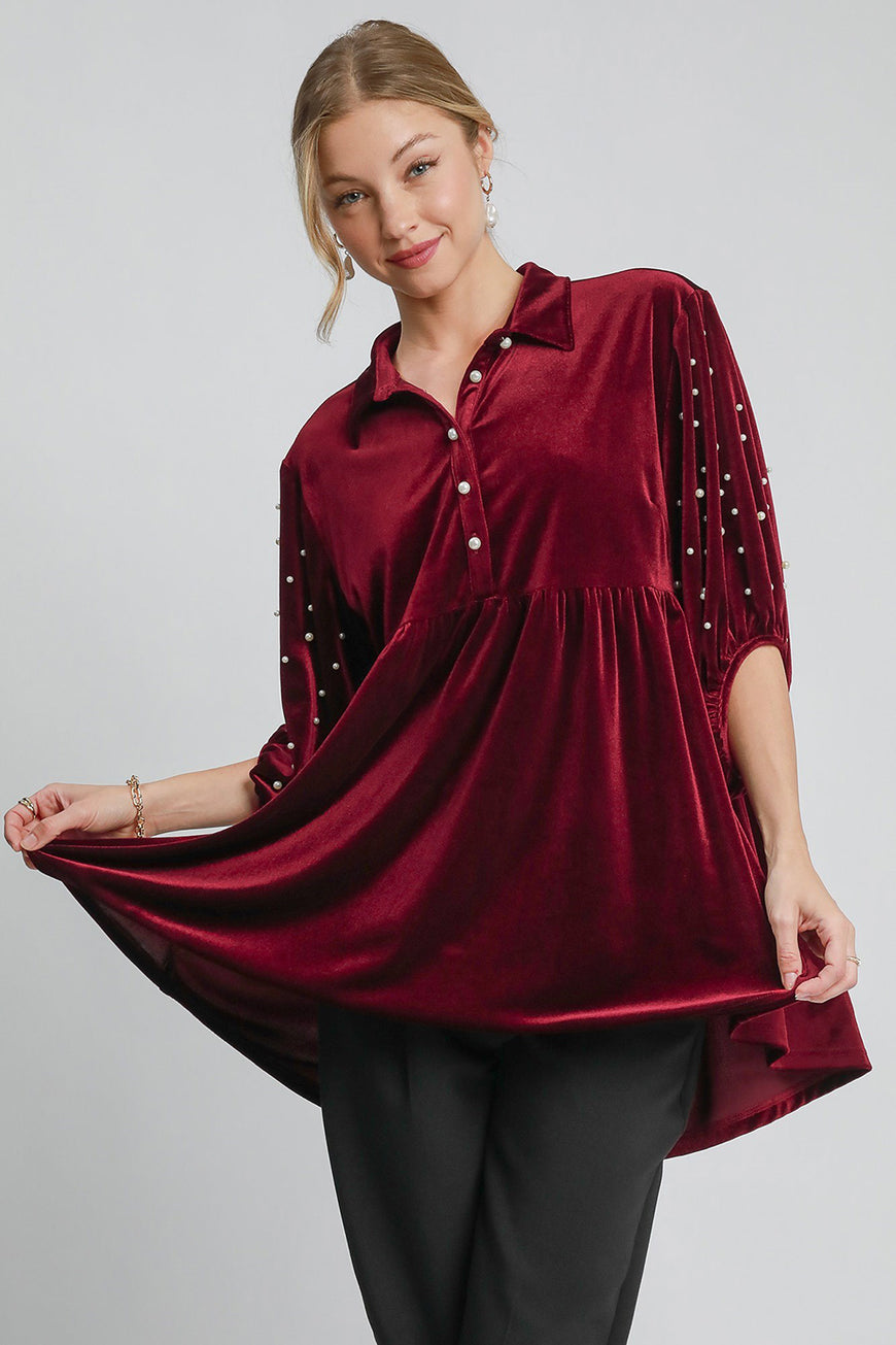 Umgee Pearl Detail Collared Neck Velvet Babydoll Blouse - TopFashionHQ