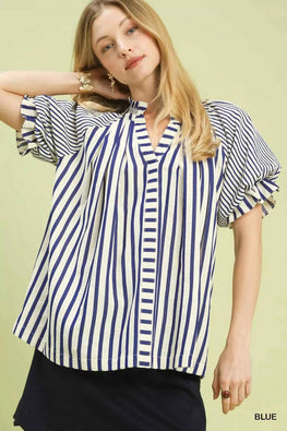 Umgee Striped Notched Top with Short Flutter Sleeves