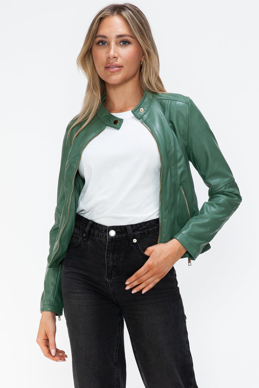 Snobbish Faux Leather Zip Up Drawstring Hooded Jacket - TopFashionHQ