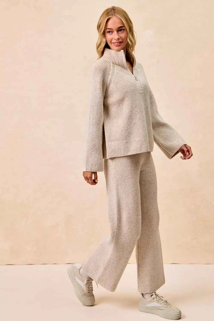 BiBi Two Tone Rib Texured Knit Collared Top with Zip Up