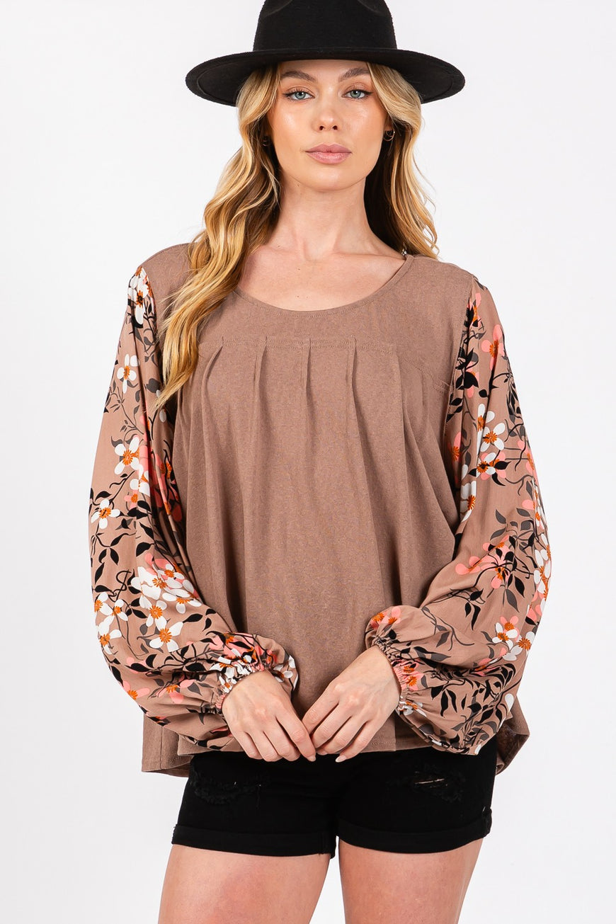 SAGE + FIG Floral Long Sleeve Front Pleated Detail Blouse - TopFashionHQ