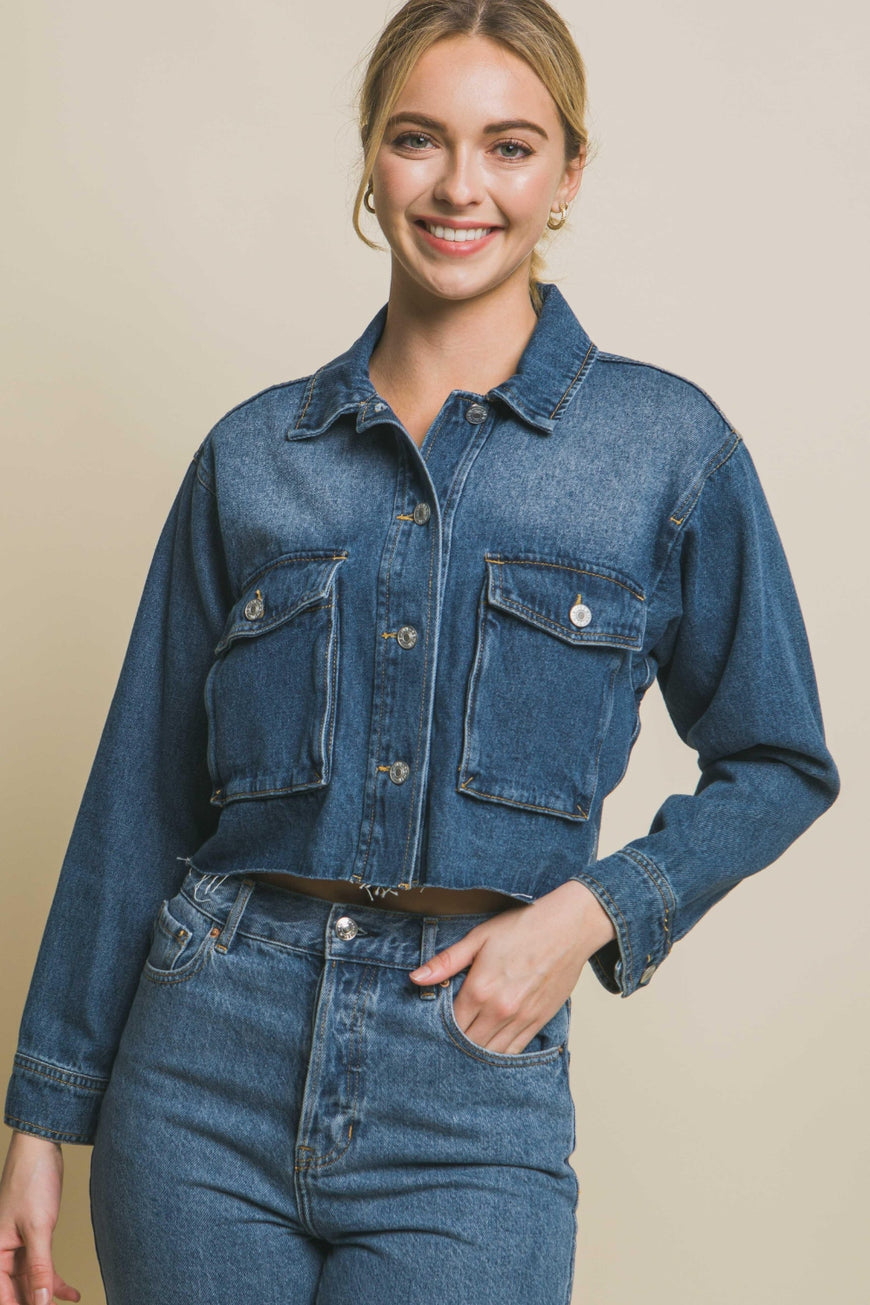 Love Tree Raw Hem Button Up Cropped Denim Jacket - TopFashionHQ
