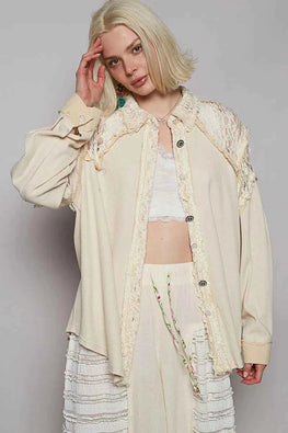 POL Lace Patchwork Button Up Shacket