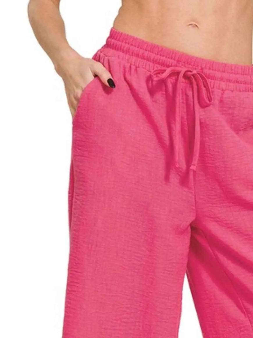 Zenana Woven Crepe Elastic Band Waist Cropped Pants