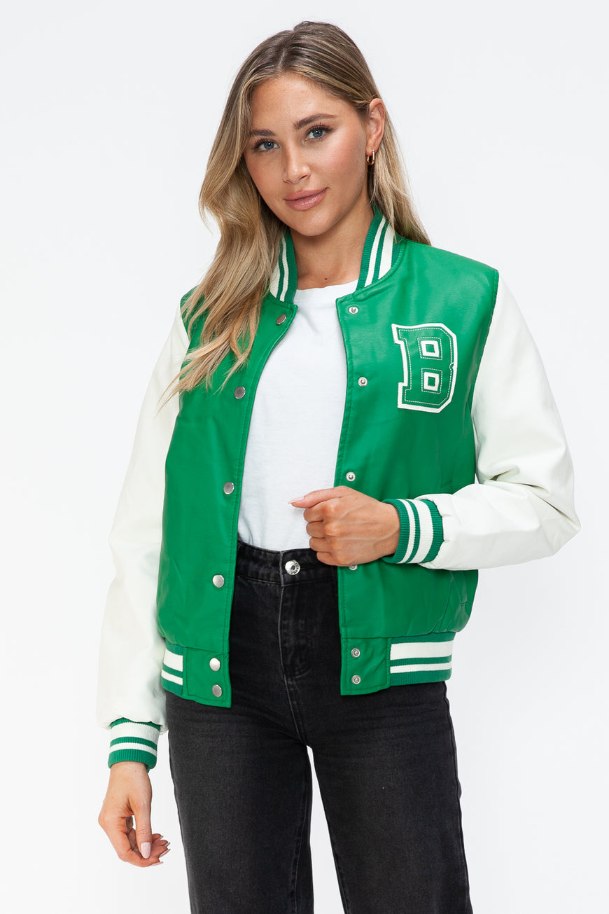 Love Me Now PU Leather Contrast Snap Down Bomber Jacket - TopFashionHQ