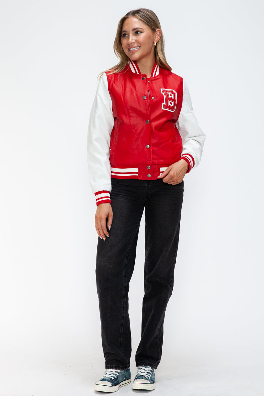 Love Me Now PU Leather Contrast Snap Down Bomber Jacket - TopFashionHQ
