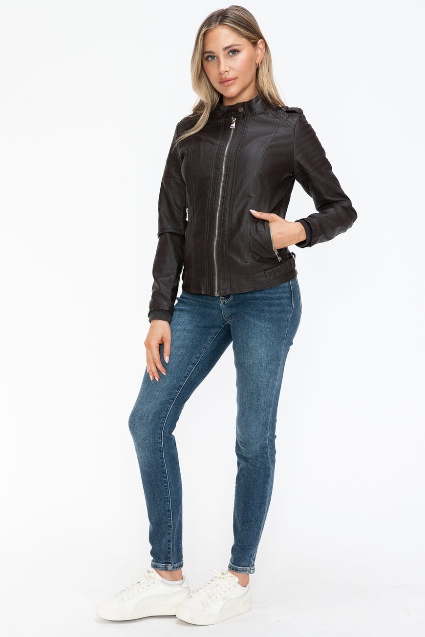 Snobbish PU Leather Biker Jacket with Side Zip Pockets - TopFashionHQ