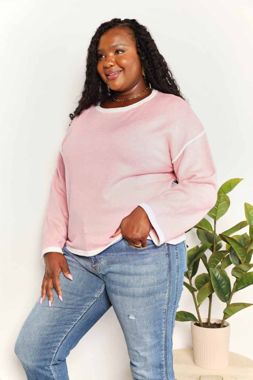 Double Take Contrast Detail Dropped Shoulder Knit Top - TopFashionHQ