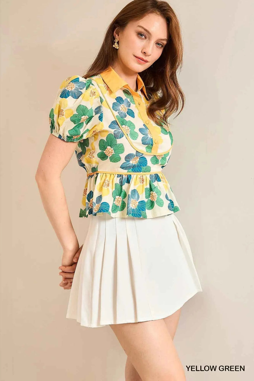 Umgee Floral Print Puff Sleeve Cropped Blouse