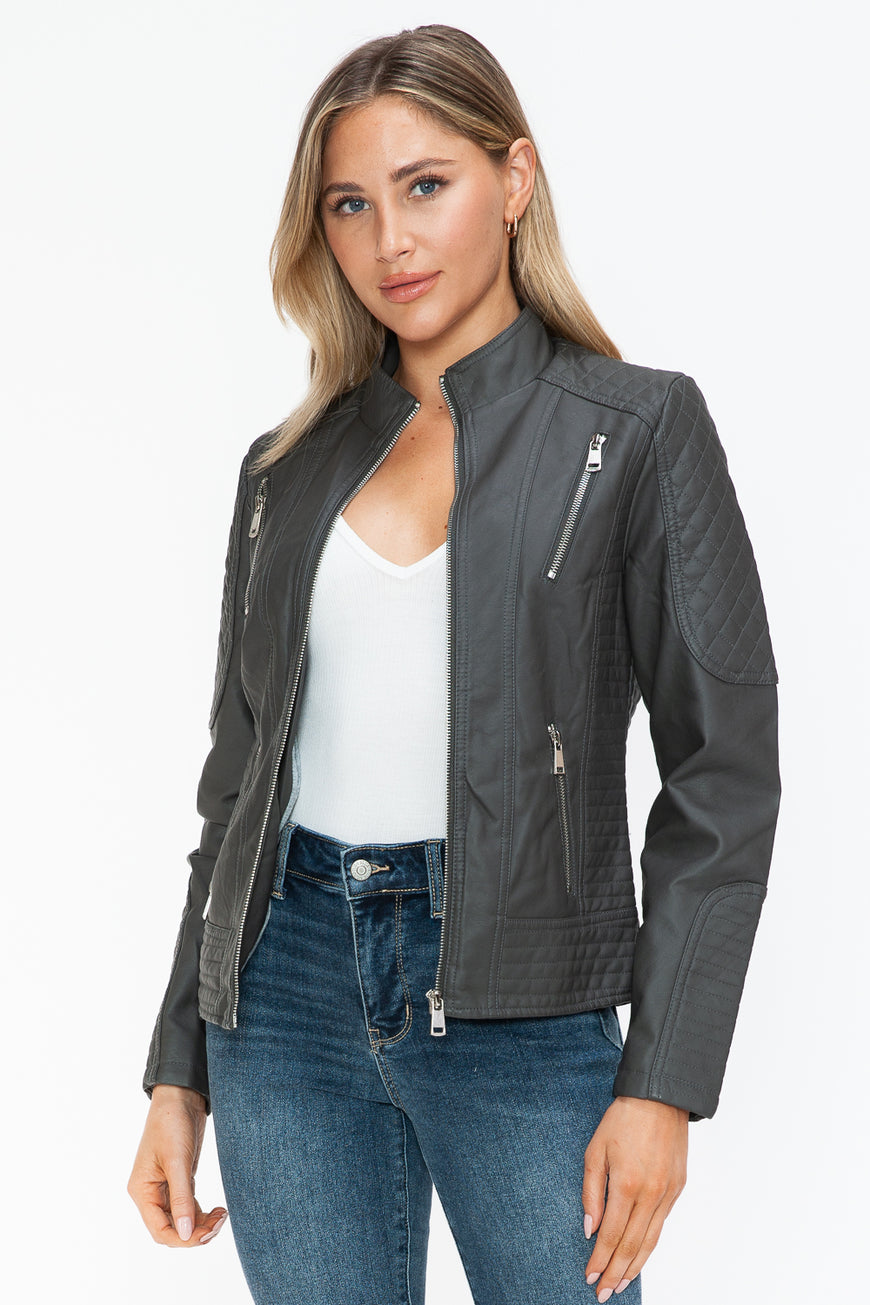 Snobbish Faux Leather Zip Up Mock Neck Jacket - TopFashionHQ