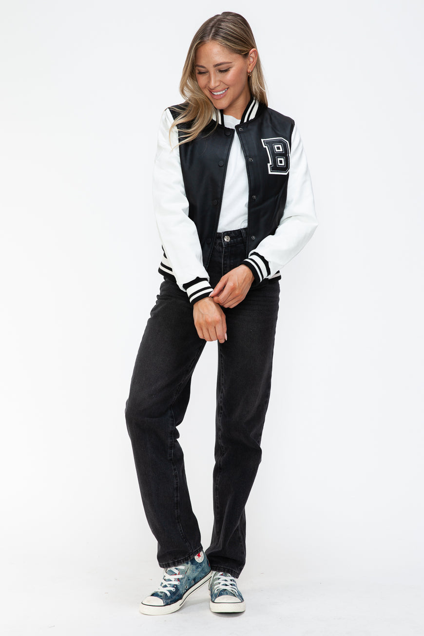 Love Me Now PU Leather Contrast Snap Down Bomber Jacket - TopFashionHQ