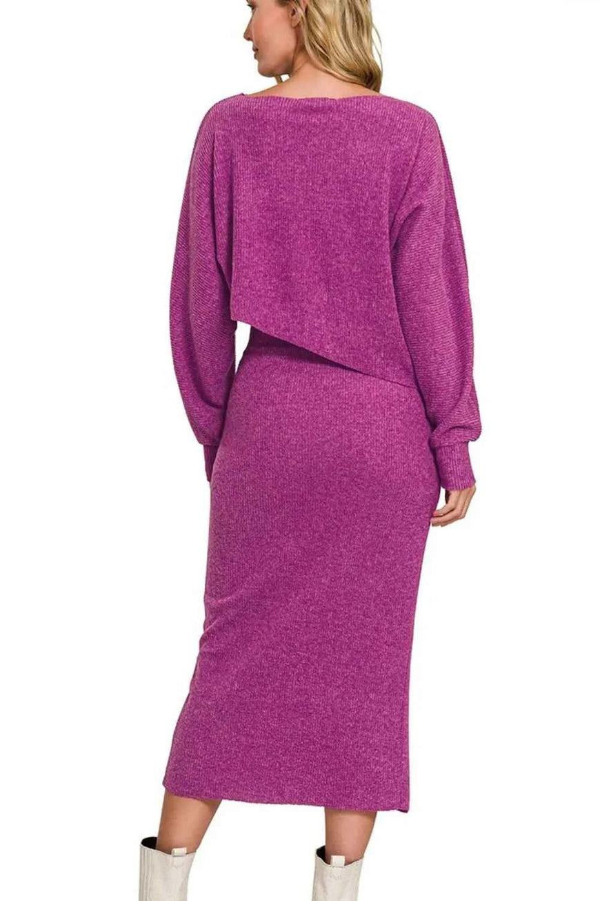 Zenana Ribbed Asymmetric Hem and Sleeve Top & Skirt Set