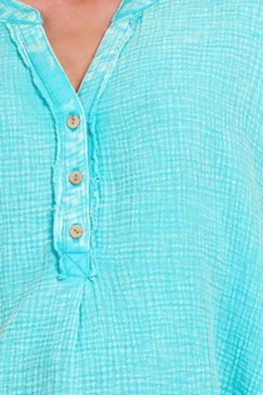 Zenana Washed Double Gauze 3/4 Button Henley Neck Shirt