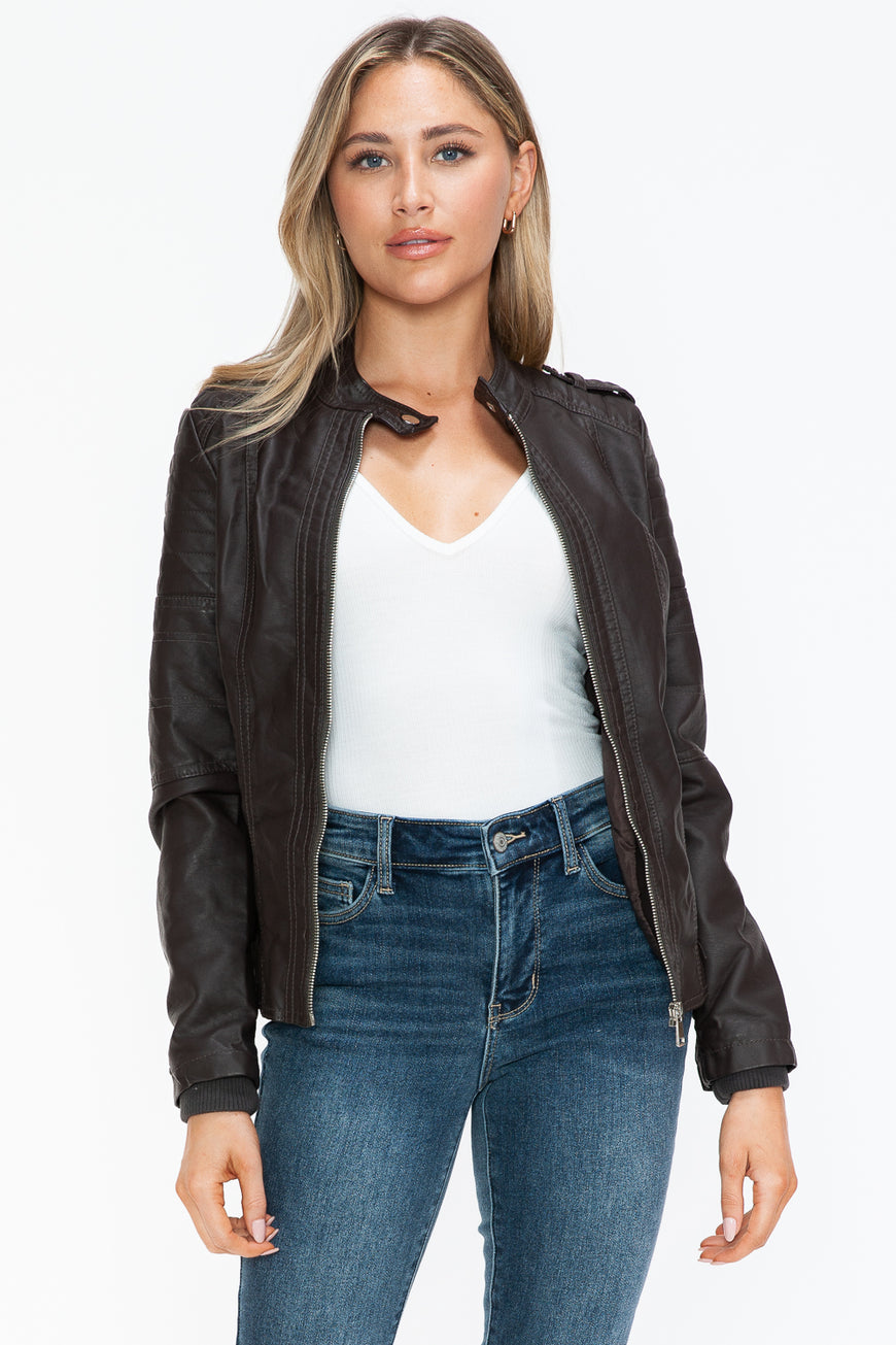 Snobbish PU Leather Biker Jacket with Side Zip Pockets - TopFashionHQ