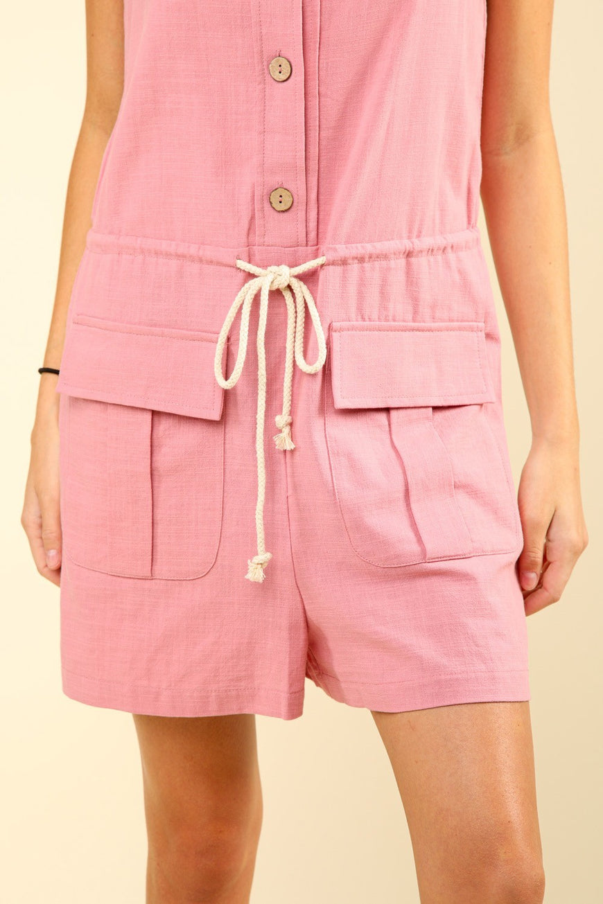 VERY J Half Button Drawstring Sleeveless Romper - TopFashionHQ