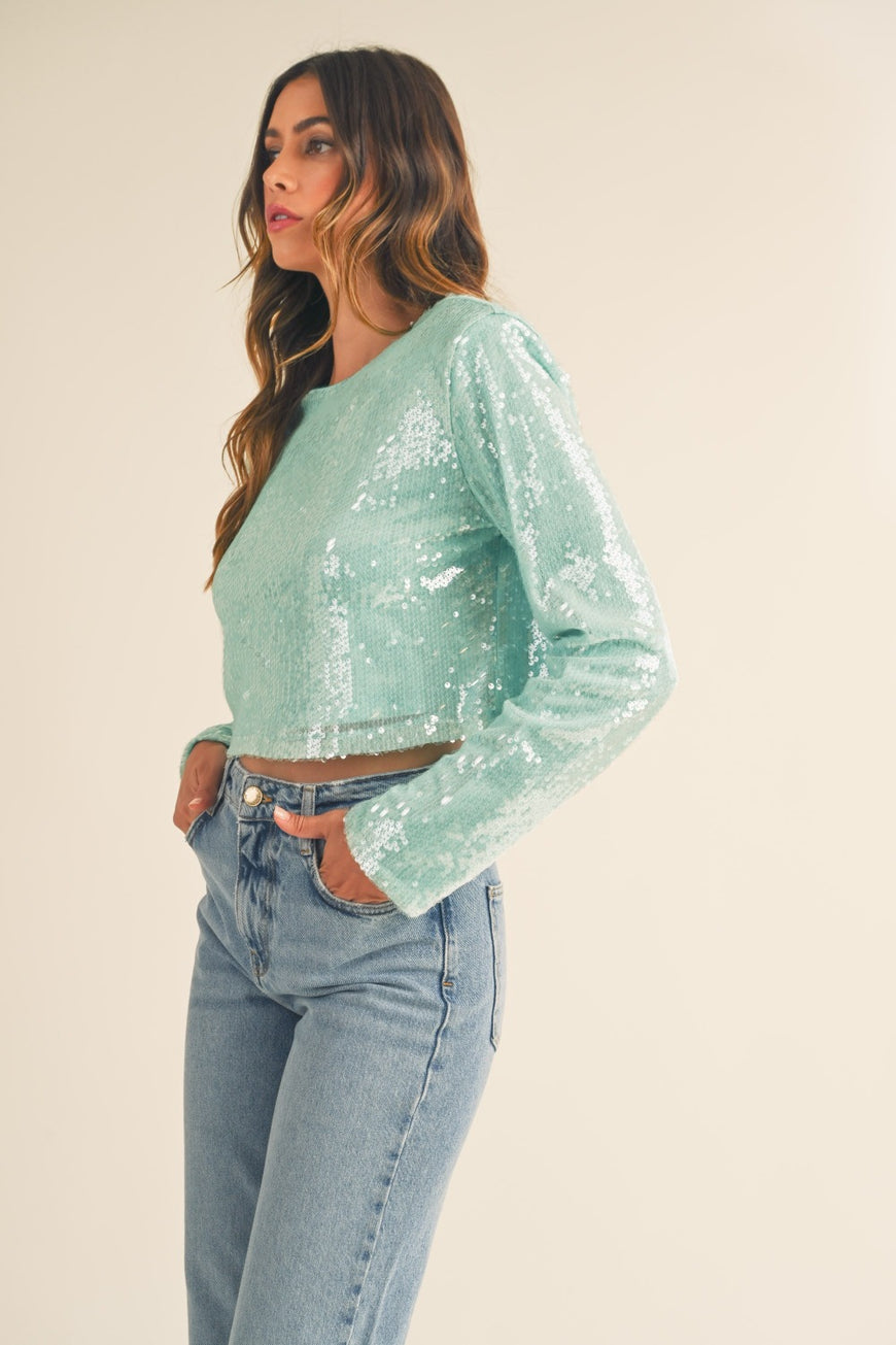 MABLE Shoulder Padded Sequin Crop Top - TopFashionHQ