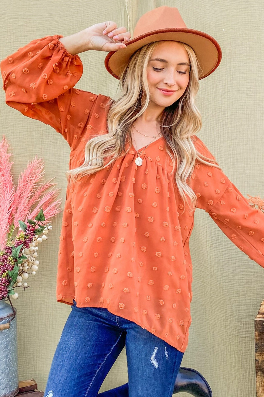 And The Why Swiss Dot V Neck Balloon Sleeve Woven Blouse - TopFashionHQ
