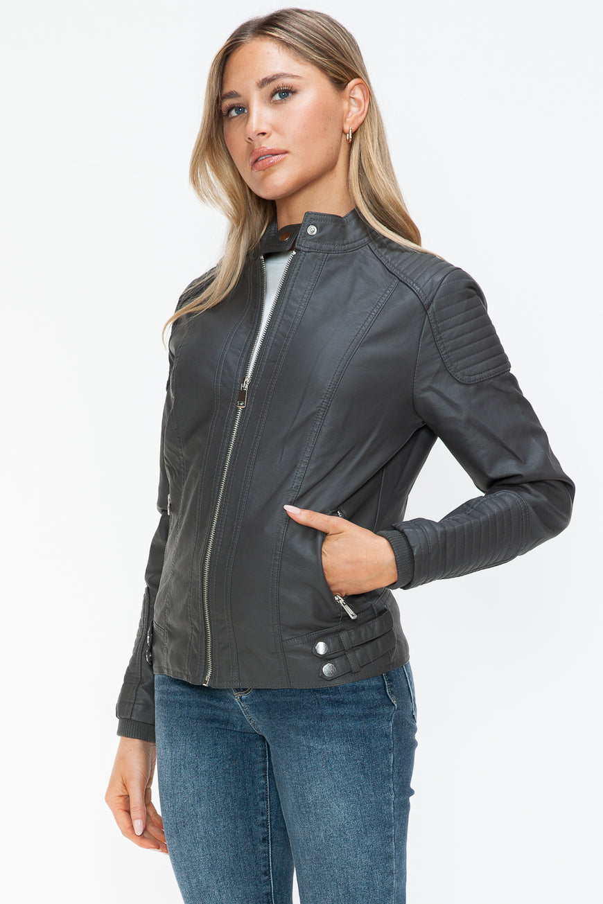 Snobbish Faux Leather Biker Jacket with Side Zip Pockets - TopFashionHQ