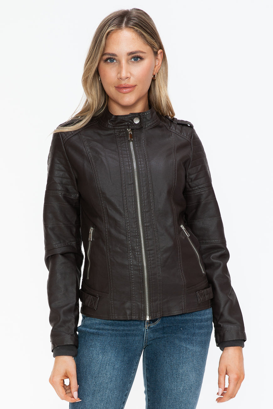 Snobbish PU Leather Biker Jacket with Side Zip Pockets - TopFashionHQ