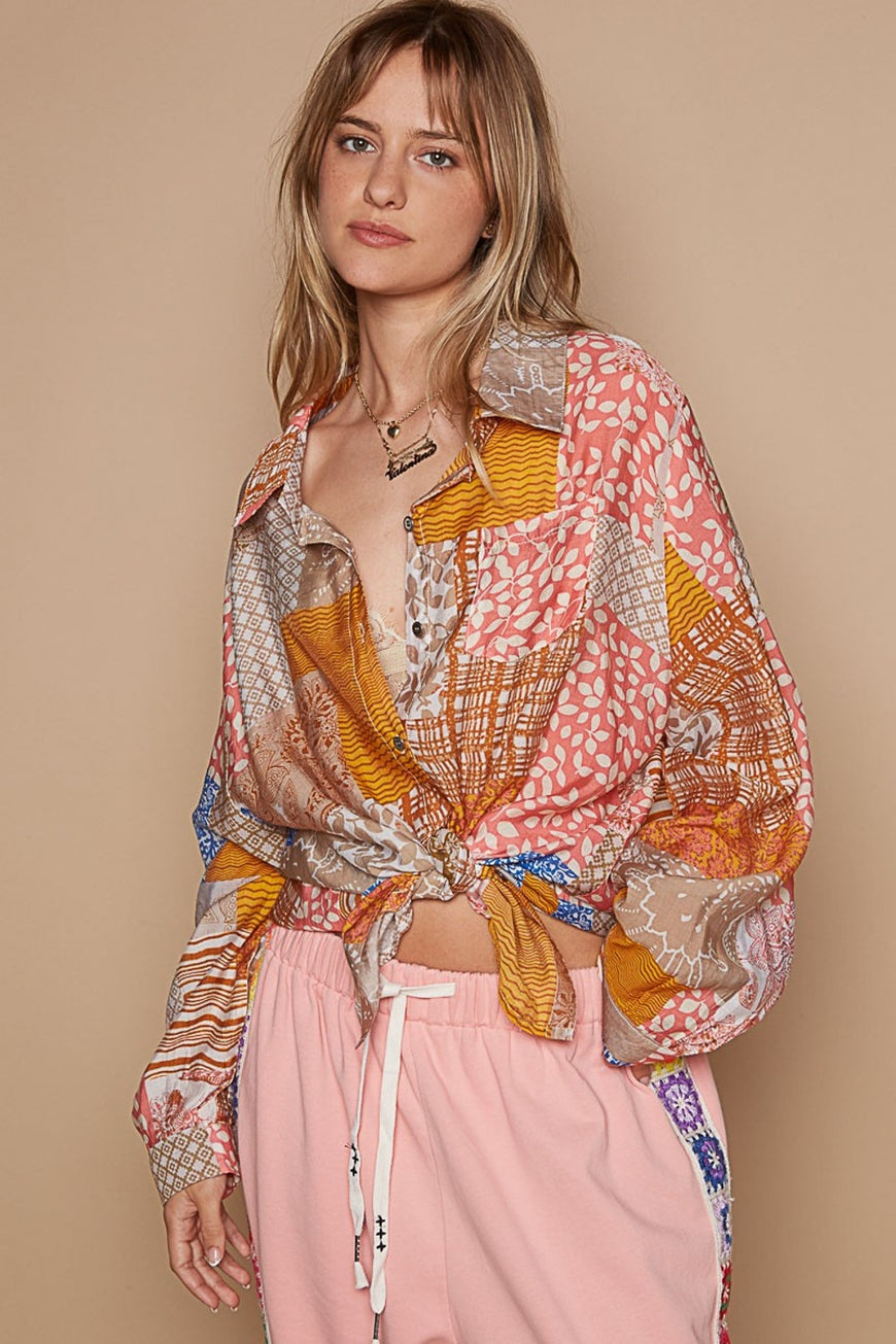 POL Button-Down Long Sleeve Printed Shirt - TopFashionHQ