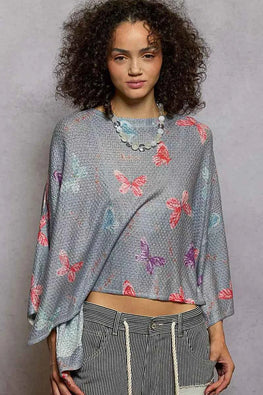 POL Butterflies Pattern Round Neck knit Top with Outseam Rolling Edge