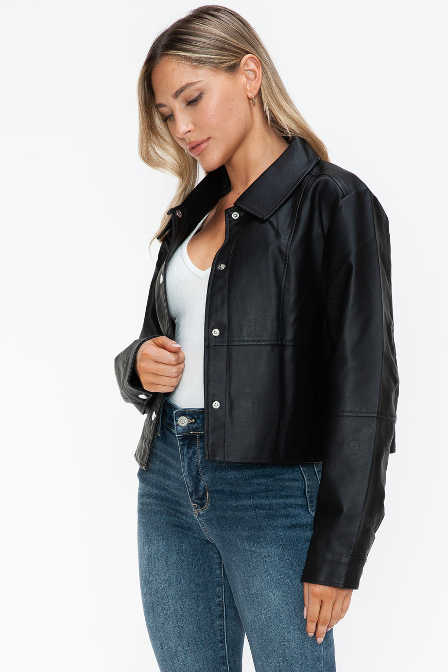 Snobbish Snap Down Long Sleeve PU Leather Jacket - TopFashionHQ