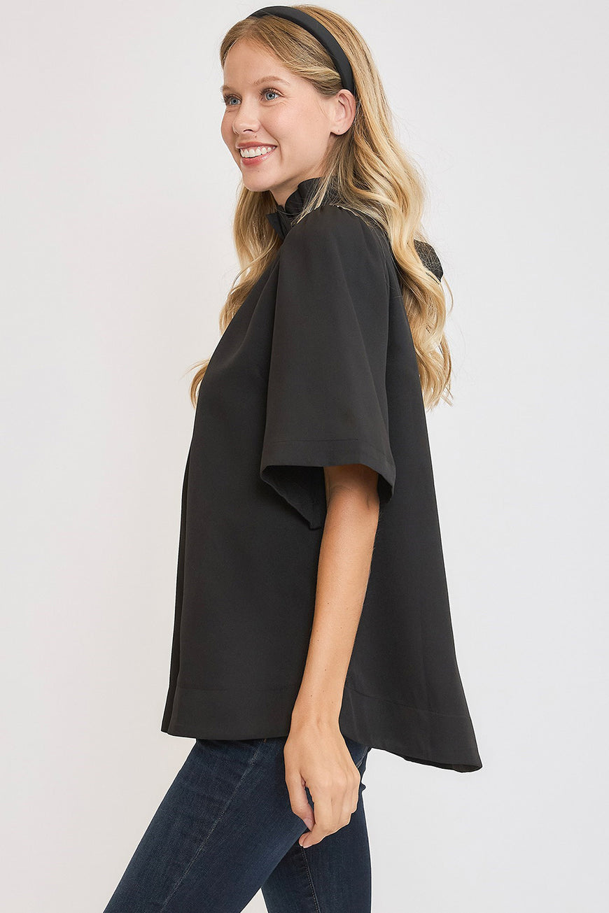 Umgee Bow Tie Back Mock Neck Half Sleeve Blouse - TopFashionHQ